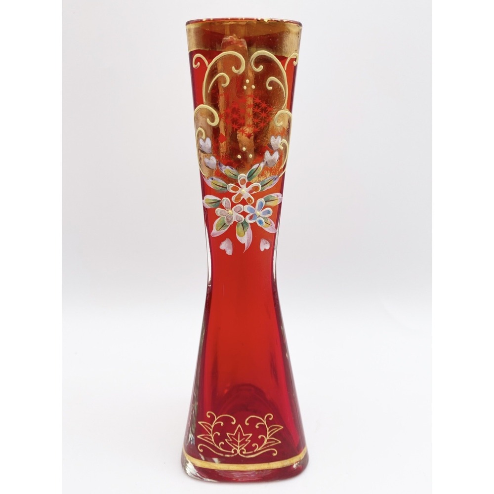 Ruby Red Bohemian Style Vase Enameled Flowers Gold Trim 7 1/2" Triangular Boho